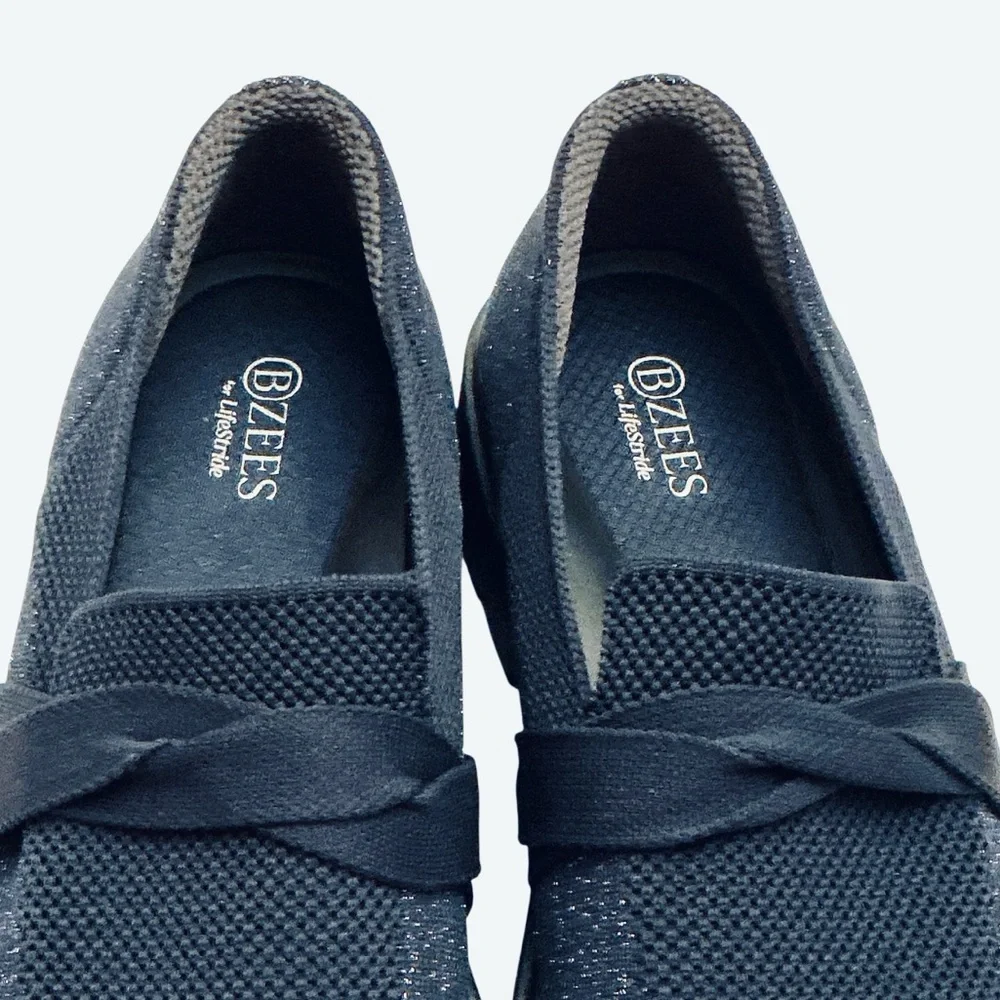 BZEES for LifeStride Muse Bow Sz 7 WIDE Loafers Blue Knit Sparkle Chunky Slip-on
